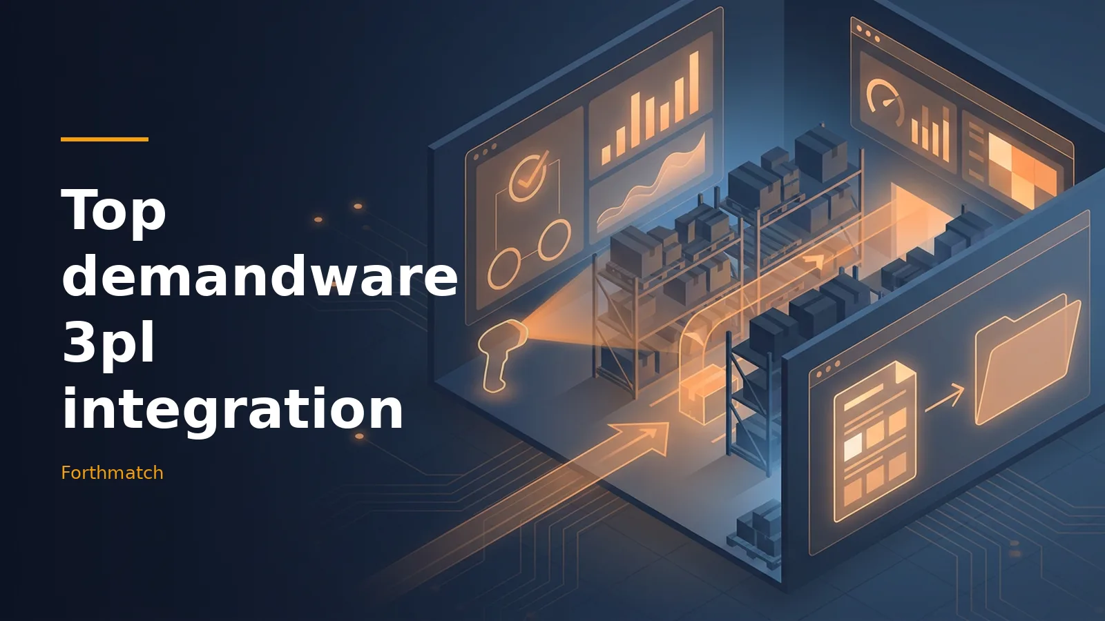 Dark blue isometric warehouse with glowing orange shelving, boxes, barcode scanner, and digital screens. Overlaid text reads “Top demandware 3pl integration” with the Forthmatch wordmark.