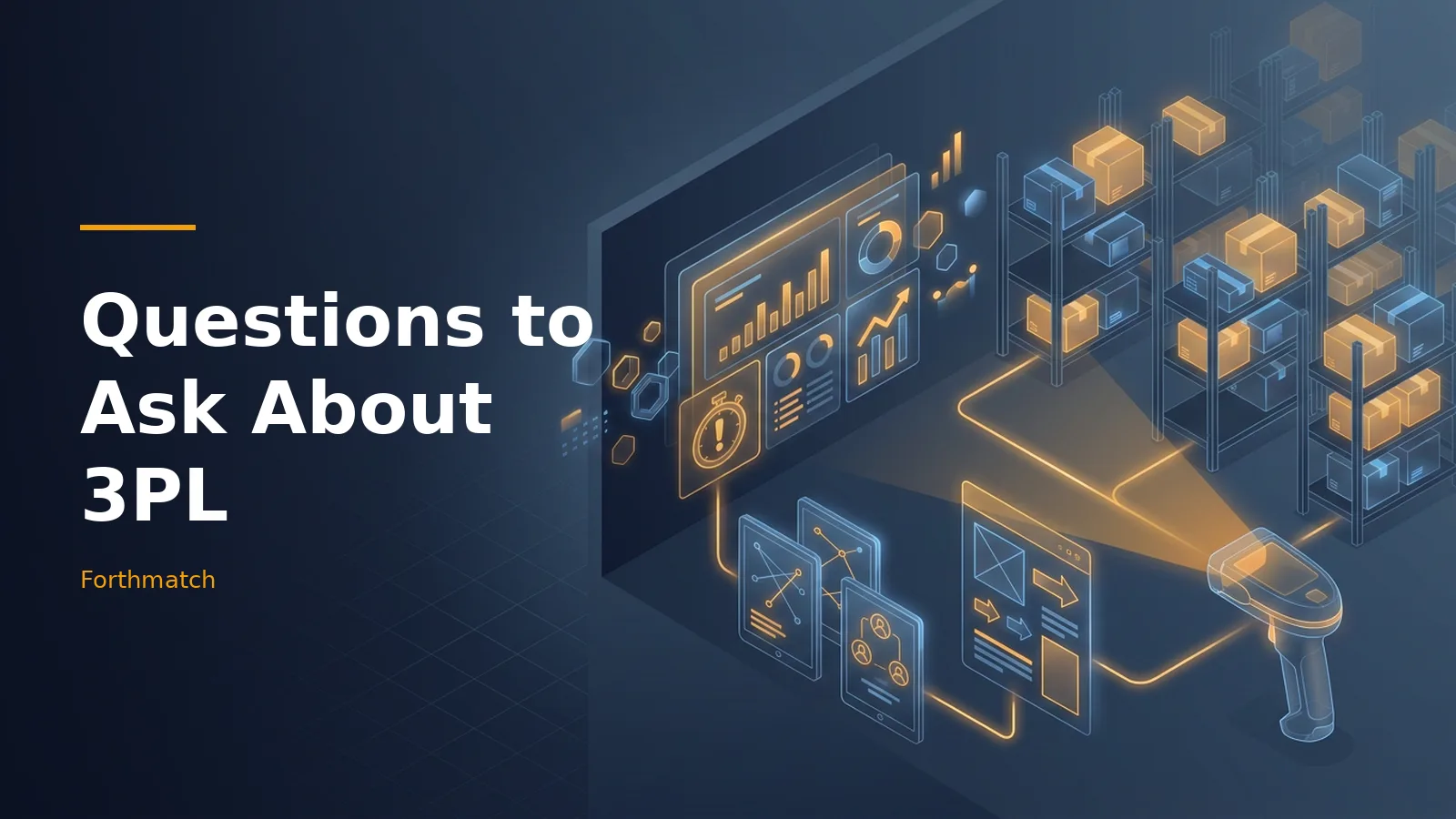 Dark blue isometric warehouse scene with glowing orange boxes, dashboards, and a barcode scanner. Overlaid text reads “Questions to Ask About 3PL” with the Forthmatch wordmark.