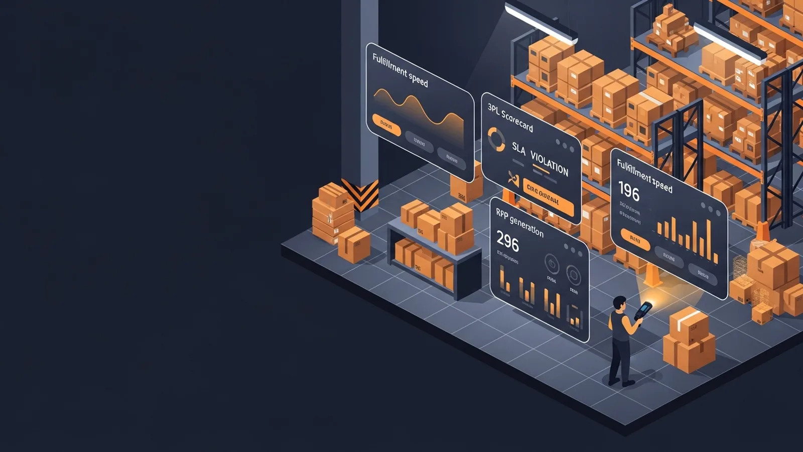 Modern warehouse dashboard interface glowing with amber analytics tracking real-time fulfillment metrics and delivery data