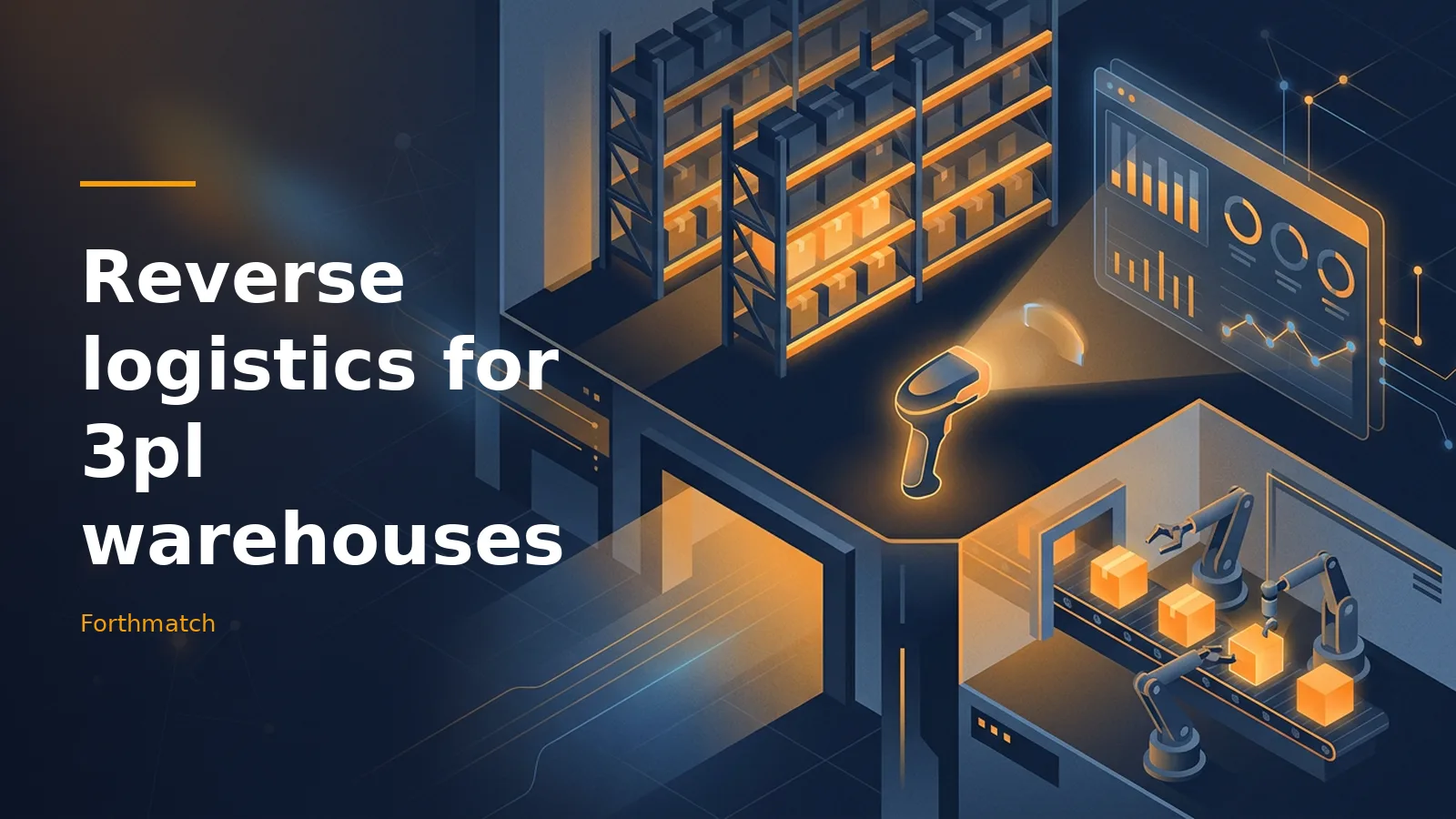 Dark blue isometric warehouse with orange glowing scanner, robotic arms, shelves, and dashboard display. Overlaid text reads “Reverse logistics for 3pl warehouses”.