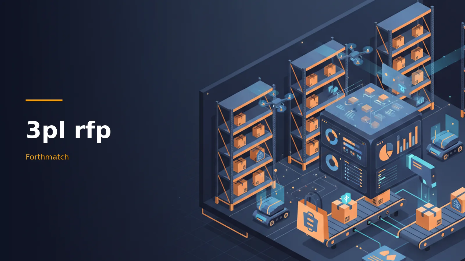 Dark navy 3pl rfp warehouse with orange shelves, flying drones, conveyor belts, and robots. Overlaid text reads “3pl rfp”.