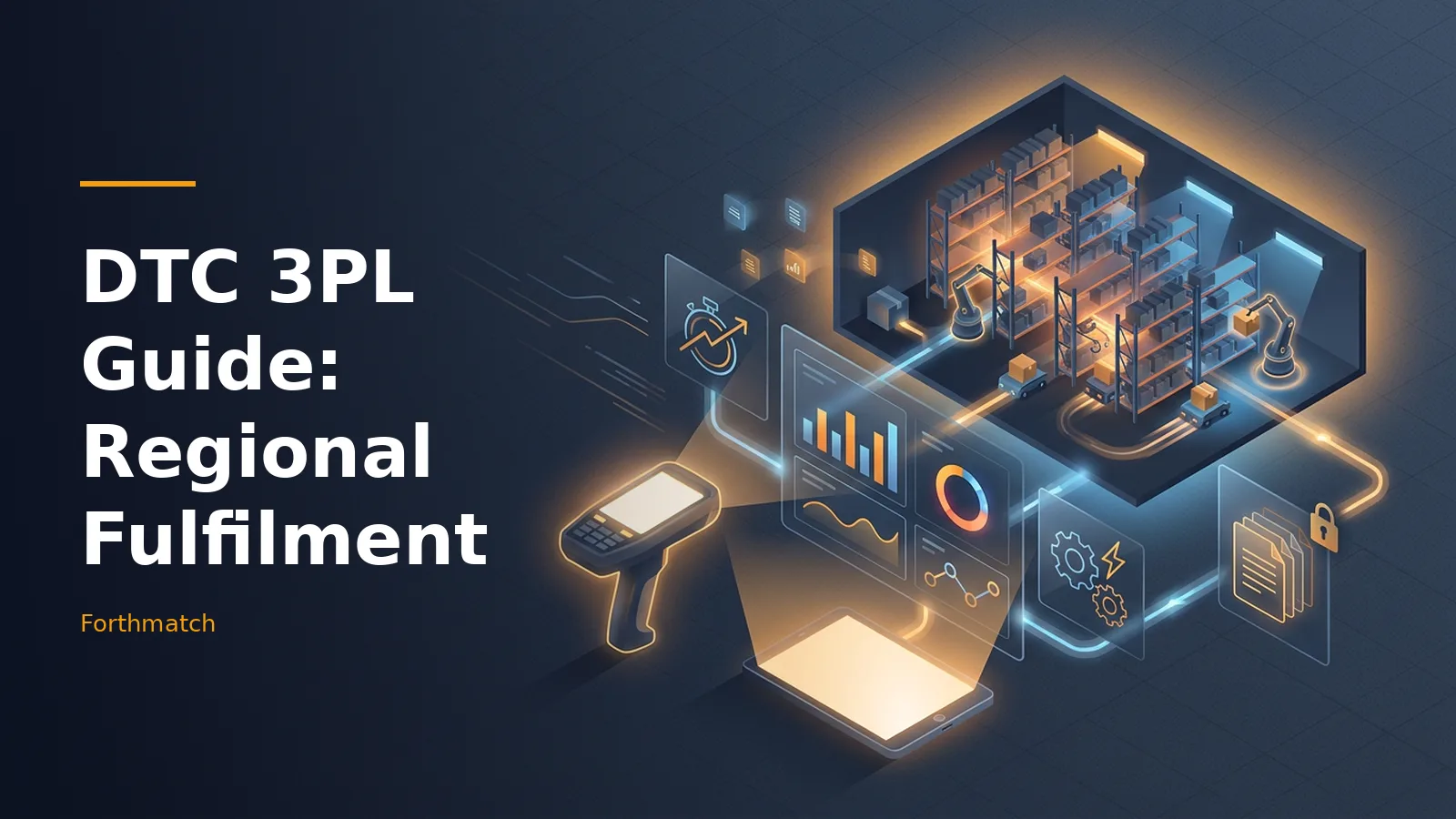 Isometric dark blue smart warehouse with robotic arms, shelves, glowing analytics dashboards, and scanner. Overlaid text reads “DTC 3PL Guide: Regional Fulfilment” with the Forthmatch wordmark.