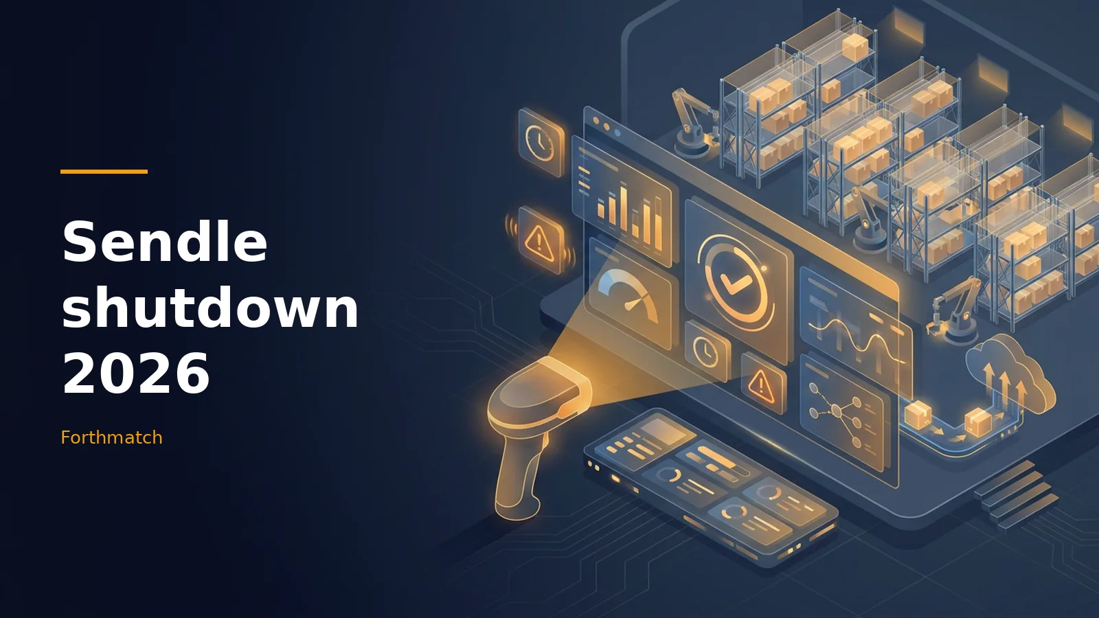 Glowing orange digital dashboard and barcode scanner in a dark blue isometric warehouse with boxes.