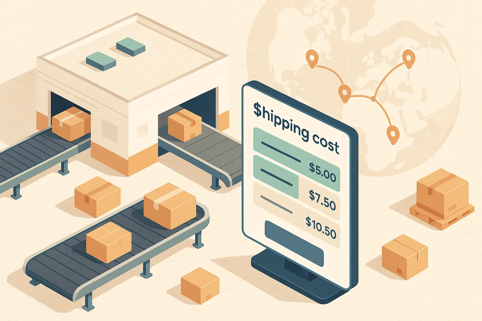 Shipping cost calculator illustration: a person at a desk with a laptop and various packages, showing easy estimate tools