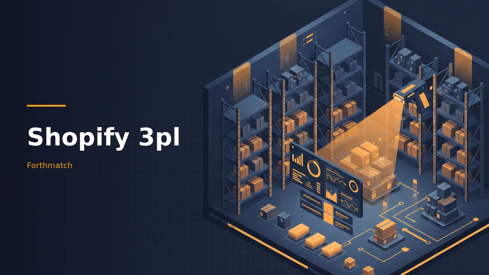 Isometric dark blue warehouse with orange lighted shelves, boxes, and dashboard screen for Shopify 3pl. Overlaid text reads “Shopify 3pl”.