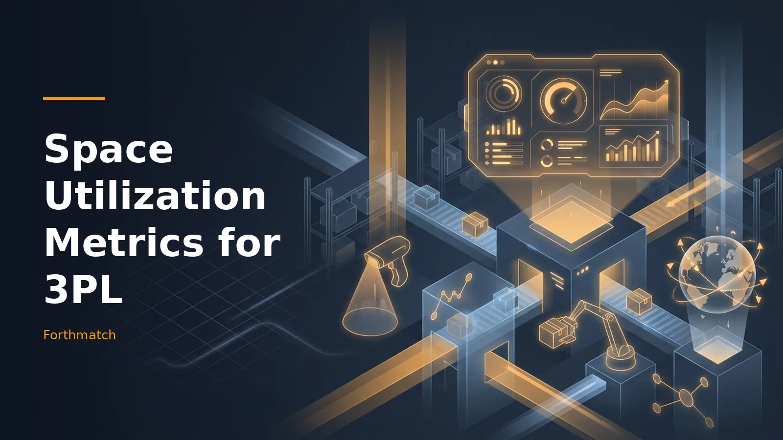 Dark blue isometric warehouse with glowing orange conveyor belts, packages, robotic arm, and dashboard. Overlaid text reads “Space Utilization Metrics for 3PL” with the Forthmatch wordmark.