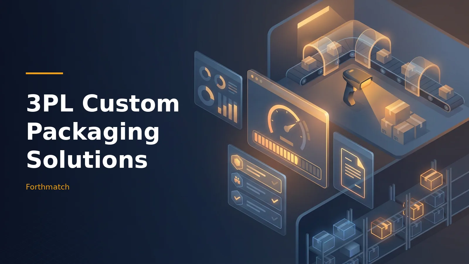 Glowing orange UI dashboards, conveyor belt, scanner, and boxes in a dark blue isometric warehouse. Overlaid text reads “3PL Custom Packaging Solutions” with the Forthmatch wordmark.