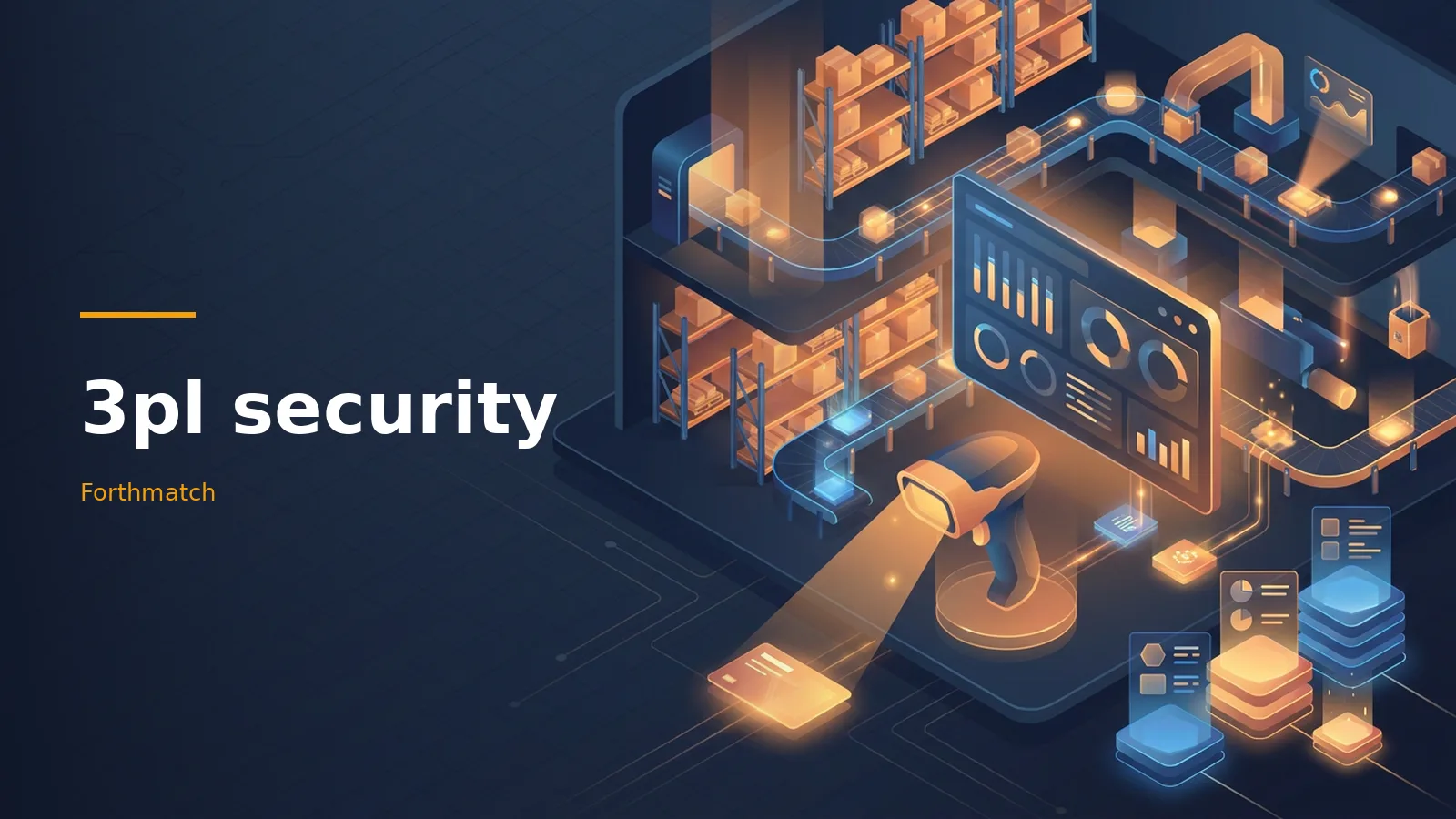 Dark blue isometric warehouse with shelves, barcode scanner and glowing dashboard for 3pl security. Overlaid text reads “3pl security”.
