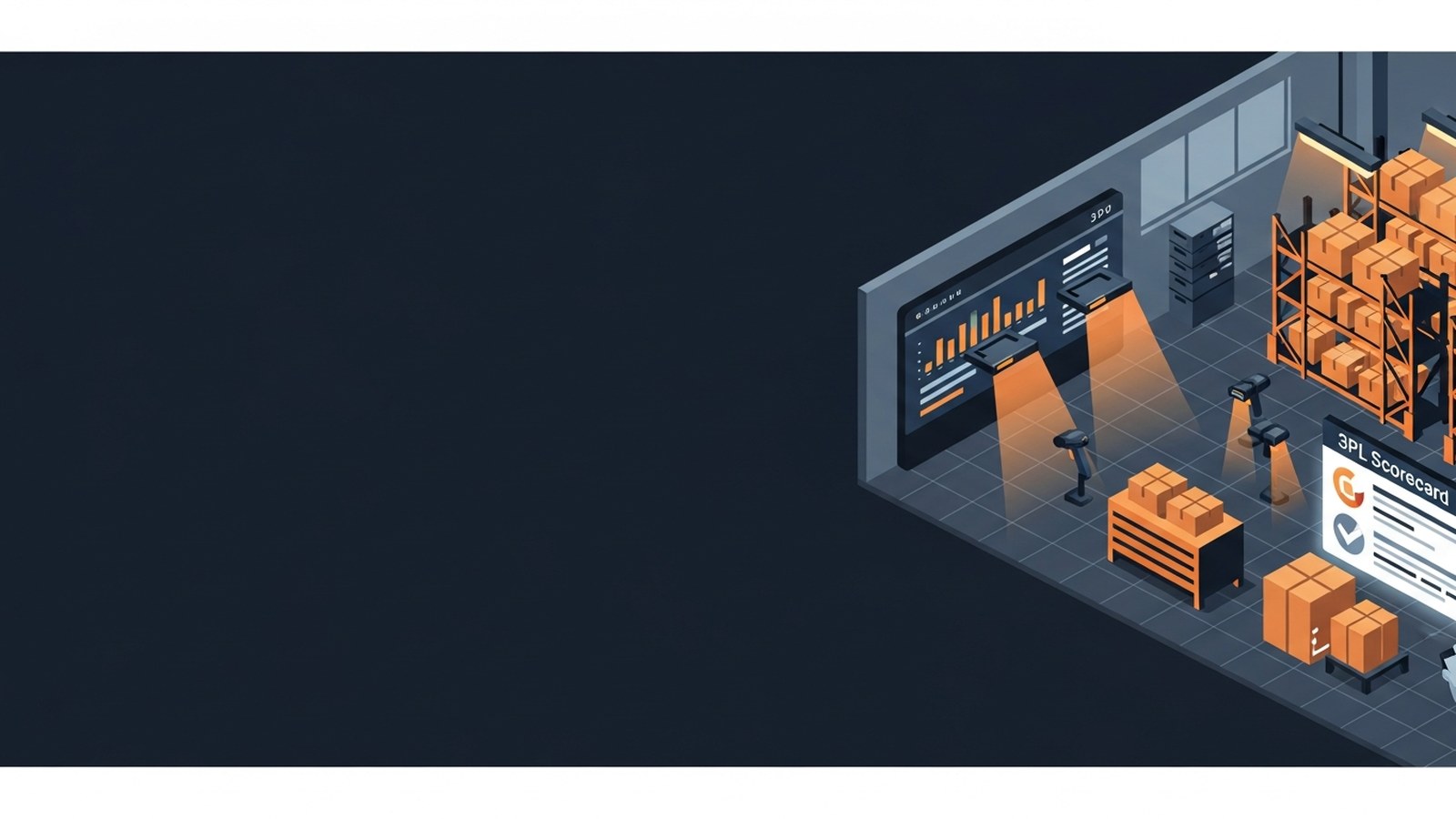Isometric warehouse cutaway with illuminated scanner guns and digital dashboards displaying 3PL performance metrics