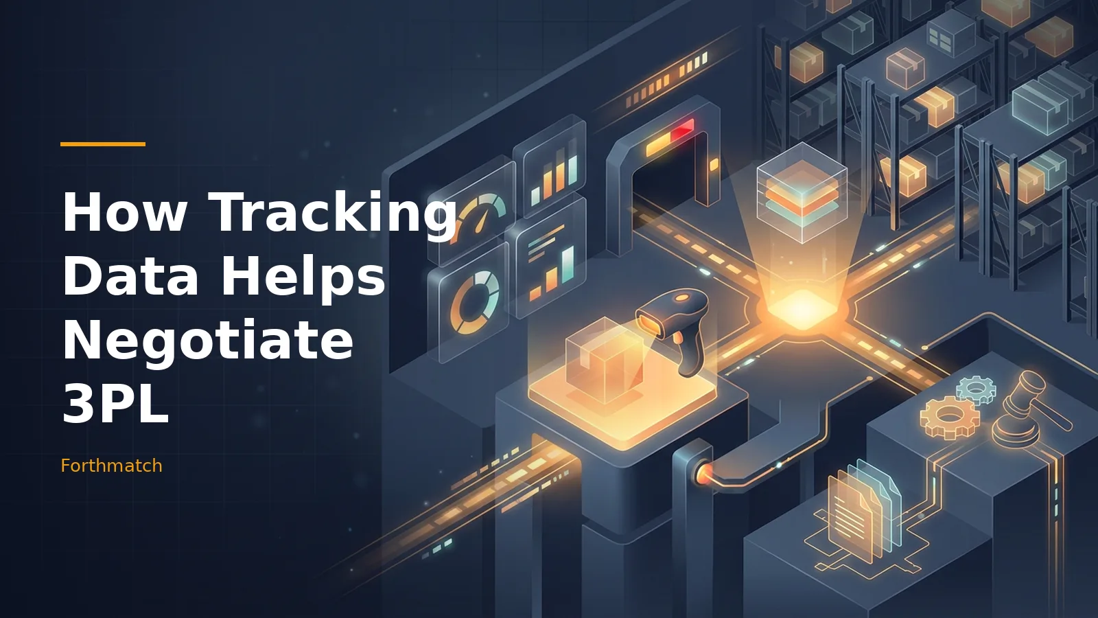 Dark blue isometric warehouse with a glowing scanner, package, dashboard charts, and storage shelves. Overlaid text reads “How Tracking Data Helps Negotiate 3PL” with the Forthmatch wordmark.