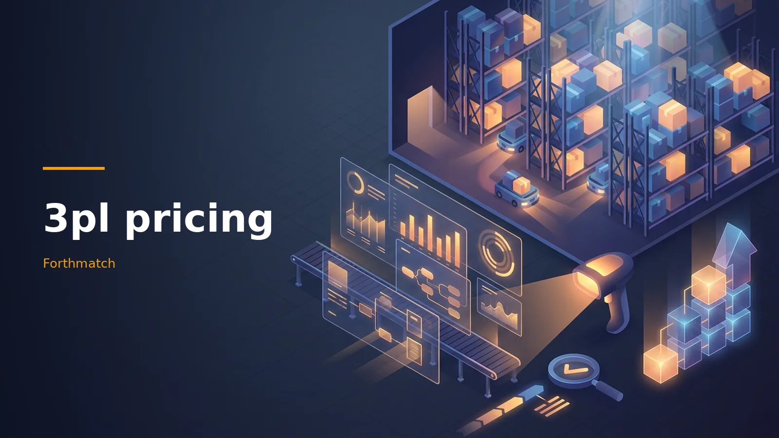 Isometric dark blue warehouse with glowing orange dashboards, shelves, vehicles, and 3pl pricing text. Overlaid text reads “3pl pricing”.