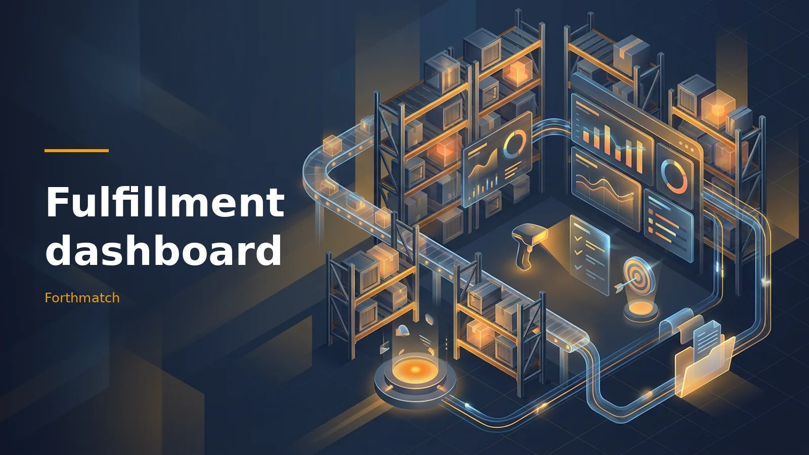 Dark blue isometric warehouse with glowing boxes on conveyor belts and a fulfillment dashboard. Overlaid text reads “Fulfillment dashboard” with the Forthmatch wordmark.
