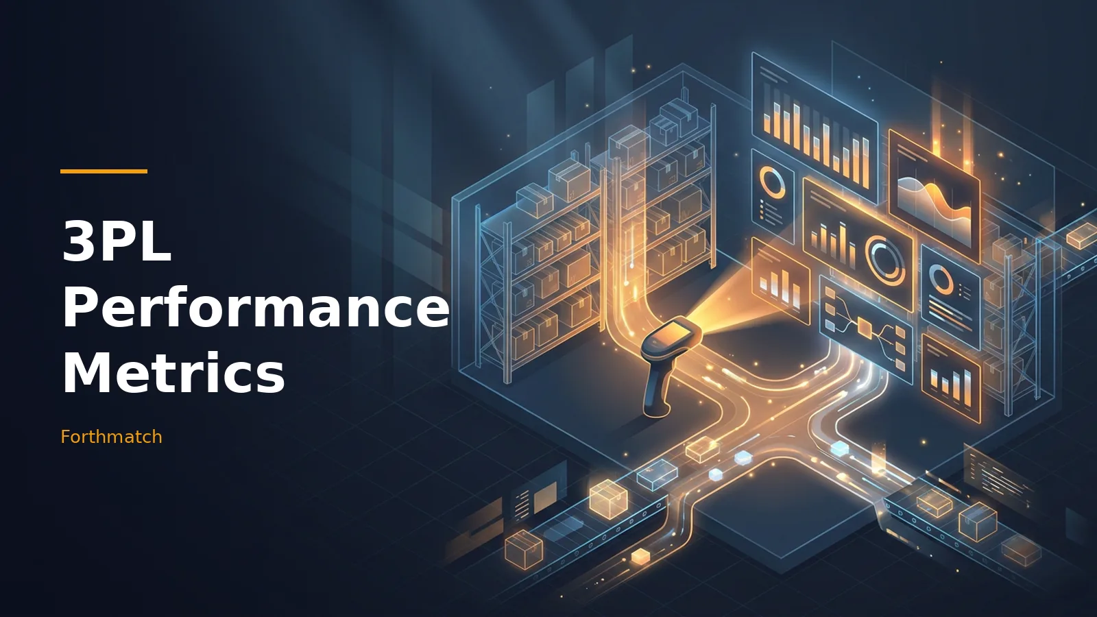 Dark blue isometric warehouse with glowing orange dashboards showing 3PL Performance Metrics. Overlaid text reads “3PL Performance Metrics”.