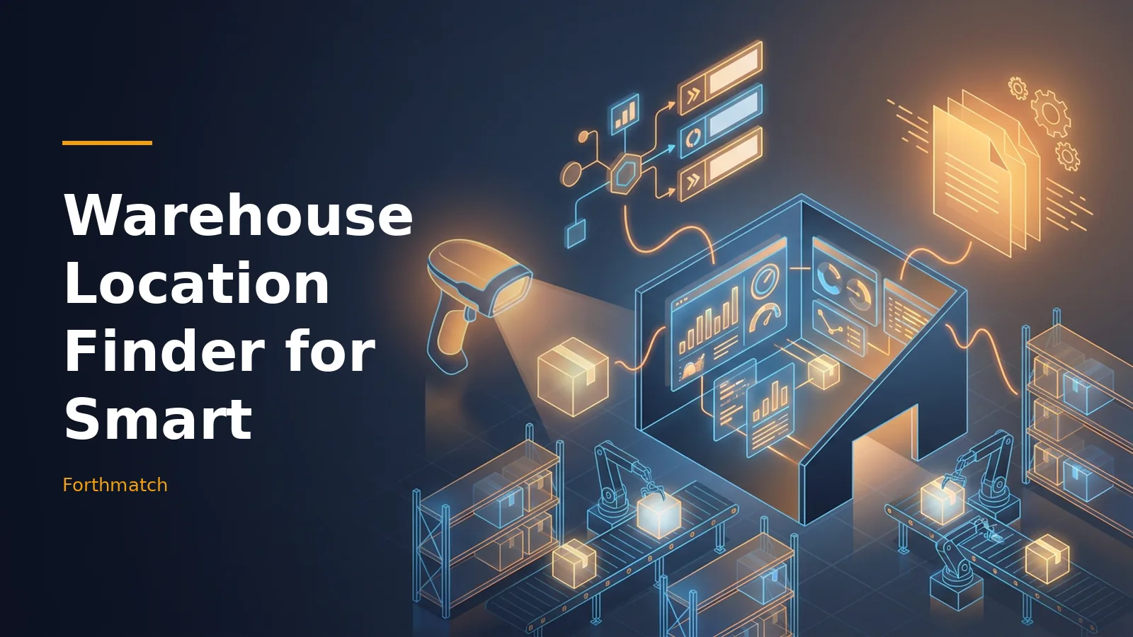 Glowing orange barcode scanner, conveyor belts, and boxes in a dark blue isometric warehouse. Overlaid text reads “Warehouse Location Finder for Smart” with the Forthmatch wordmark.