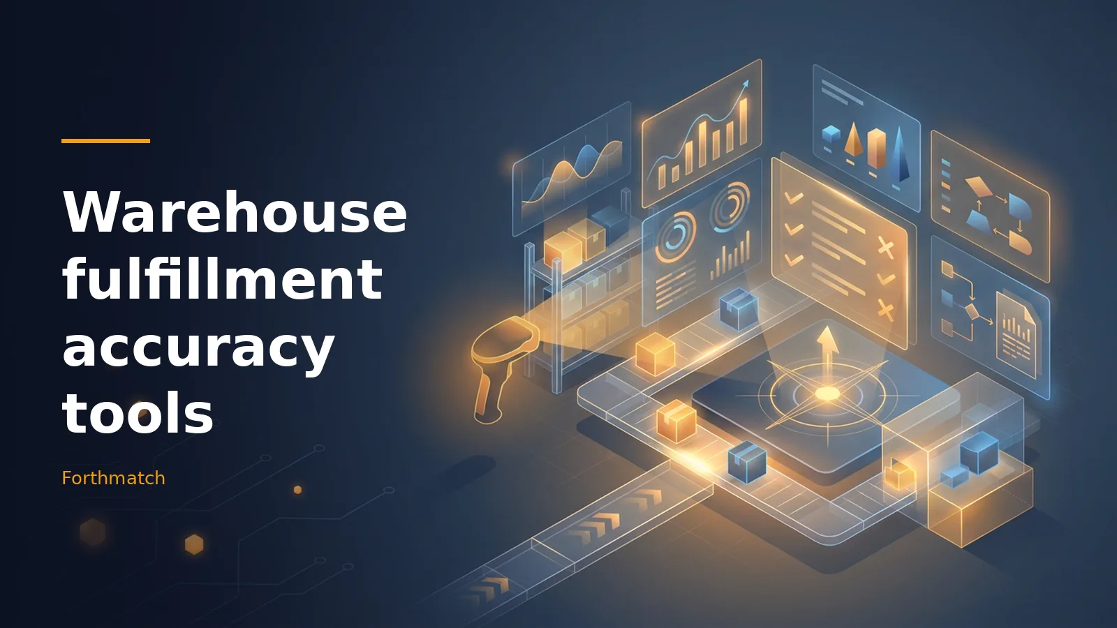 Warehouse fulfillment accuracy tools featuring a scanner, conveyor belt, boxes, and charts in dark blue. Overlaid text reads “Warehouse fulfillment accuracy tools” with the Forthmatch wordmark.