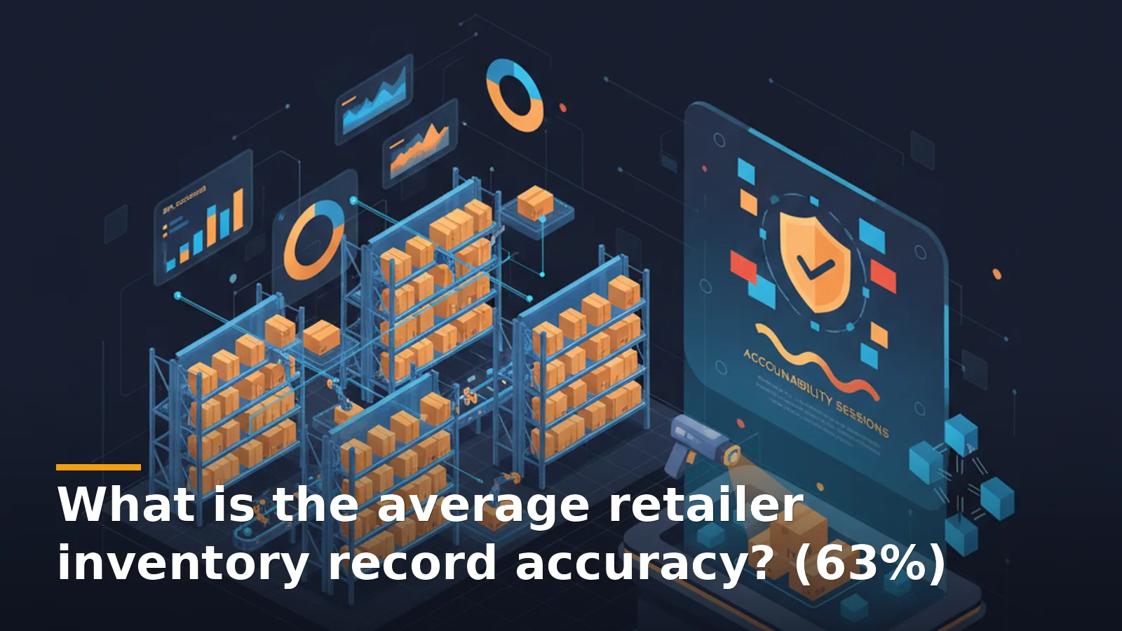 Inventory record accuracy in a high-tech warehouse: racking aisles, scanner glow, 3PL scorecards, and an isometric cutaway